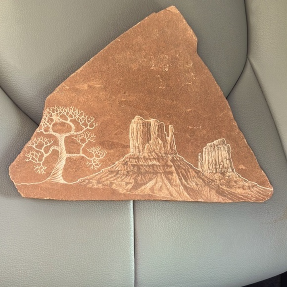 Arizona Rock etched art, unique hand crafted Butte and tree etching